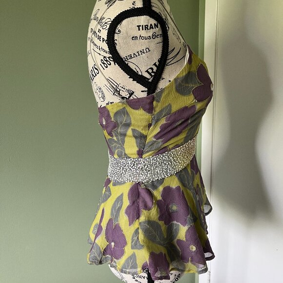 Australian designer 100% silk peplum top with floral design and sequins - Picture 5 of 13